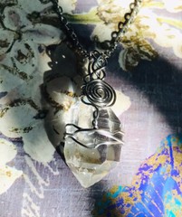 Natural herkimer diamond quartz Crystal Point wire wrapped pendant necklace