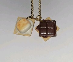 Smore Necklace Gold Tone Chocolate Graham Cracker Marshmallow Snack Dessert
