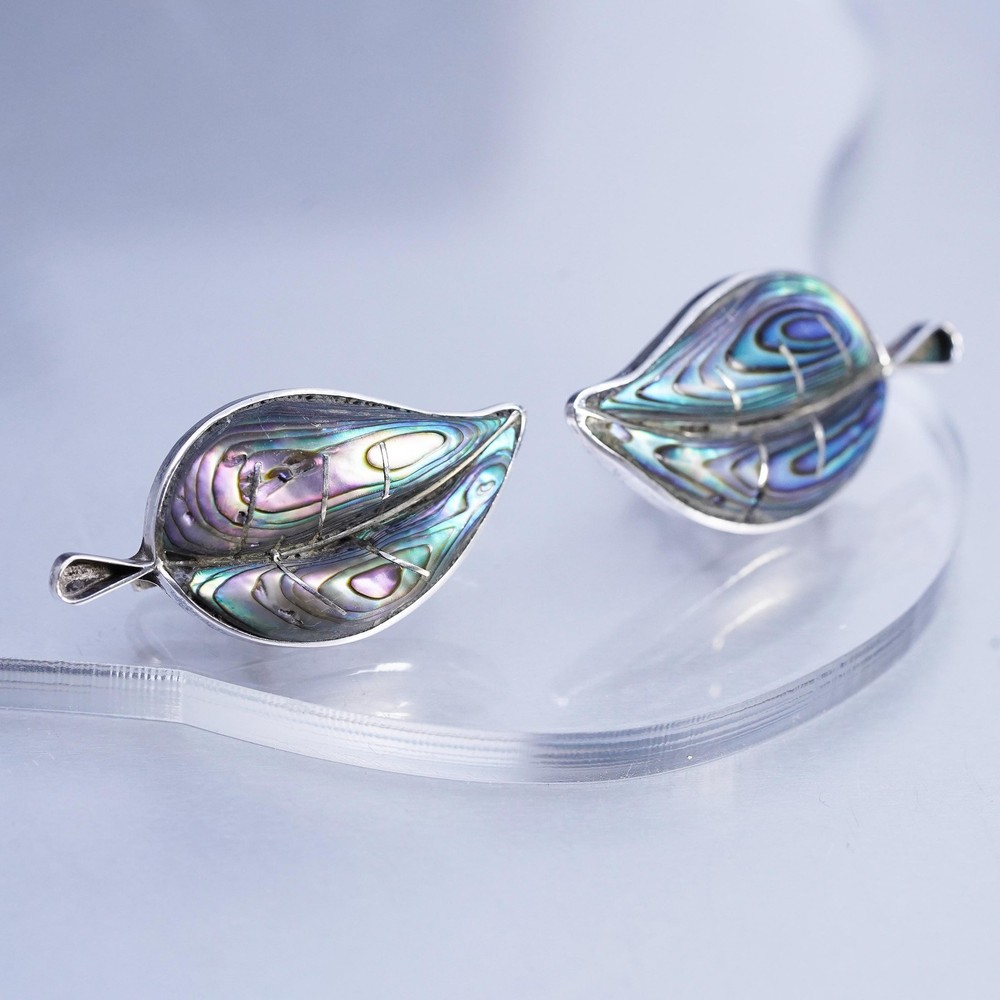 vtg Mexican PA Sterling 925 silver handmade earrings, leaf screw back abalone