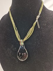 2- Glass Pendant Necklaces Blue & Amber Swirl 14″ Black Cord Purple Green Iris