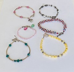 Lot Of 6 Sterling Silver Beaded Pearl Pink Clear Green Crystal Bracelets