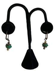 Vintage Drop Earrings Artisan Handmade Antiqued Bronze Gold Tones Green Stone