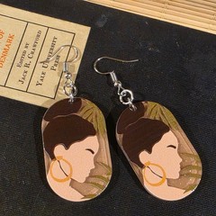 Retro 80s Style Islander Woman Black Hair Vintage Lucite Pendant Dangle earrings