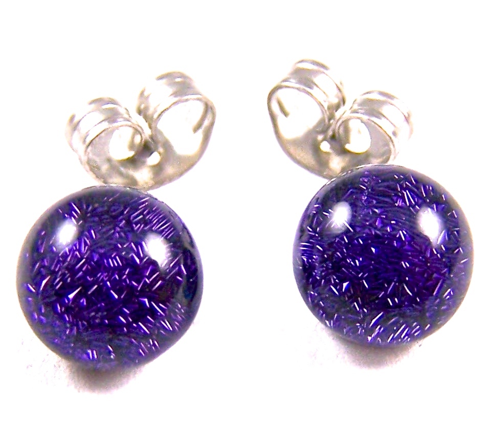 DICHROIC Post EARRINGS Tiny 1/4″ 7mm Violet Purple Metallic Fused GLASS STUDS