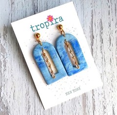 Arched blue gold CZ polymer clay earrings