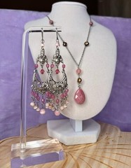 Pink Rhodochrosite And Bead Gemstone Necklace And Earring Set, Statement Piece