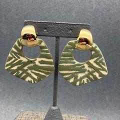 Dangle Hoop Pierced Earrings Fired Glass Enamel Gold Cream Olive Green Retro