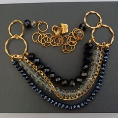 Layered Bib Necklace Gold Tone Black Gray Crystal Israeli Artisan Statement 90s