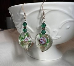 Artisan Dangle Earrings Lamp Work Green Hearts/Rose Gold Filled Ear Wires OOAK