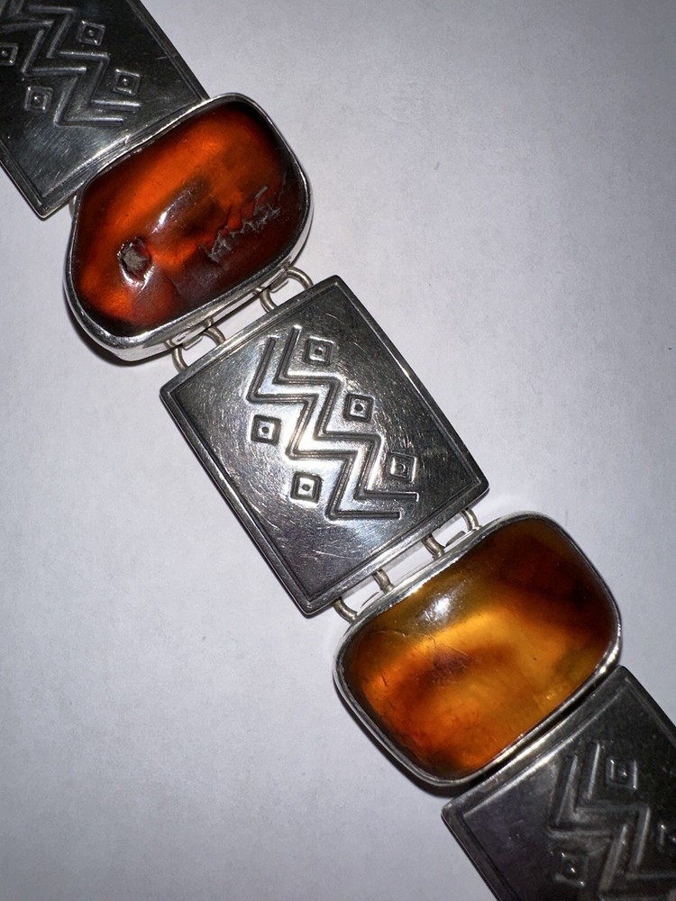 Vintage Amber Oval Cabochon Stone Link Bracelet, SS925 MEXICO 8.5in