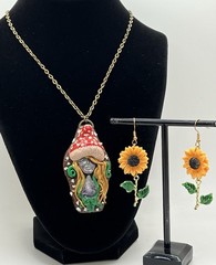 Mushroom Fairy Goddess Clay Art Pendant Toadstool Amethyst Type Stone & Earrings