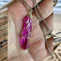 Hot Pink Aura Lemurian Quartz Pendant Wire Wrapped Silver Necklace Crystal Point