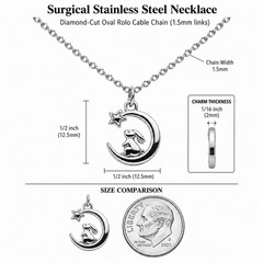Bunny Moon & Star Charm Necklace – Silver – Flat Oval Cable Chain -Lobster Clasp