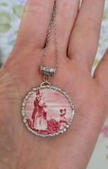 Broken China Red Transferware «Family» Soldered Pendant Necklace