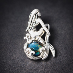Exquisite Natural Deep Blue Amber .925 Sterling Silver Mermaid Nixe Pendant 27mm