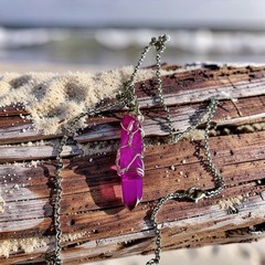Hot Pink Aura Lemurian Quartz Pendant Wire Wrapped Silver Necklace Crystal Point