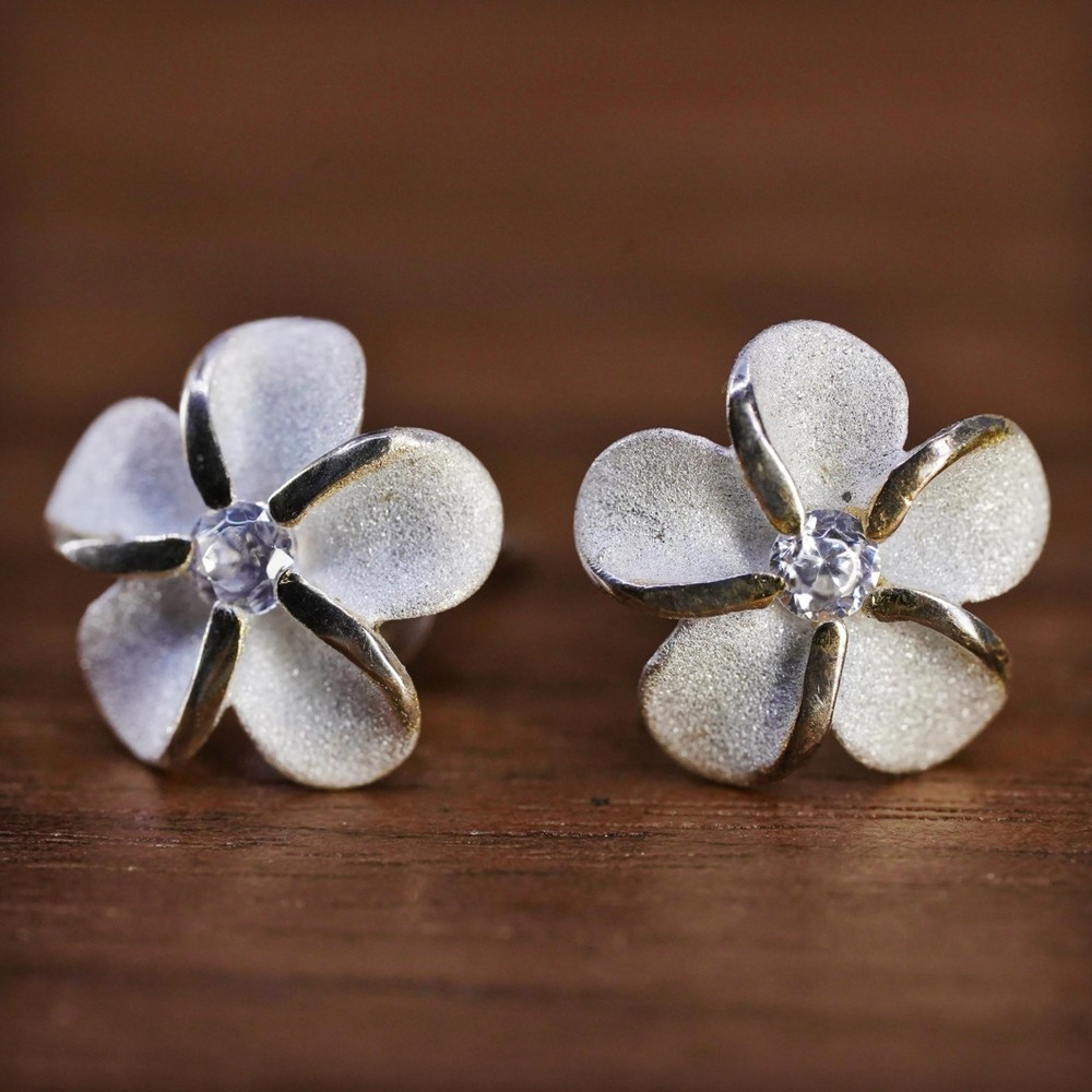 Vintage Sterling silver handmade earrings, 925 plumeria flower studs with cz