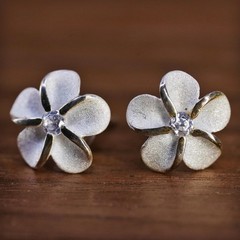 Vintage Sterling silver handmade earrings, 925 plumeria flower studs with cz