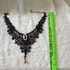 Black Lace Gothic Victorian Choker Necklace with Red Glass Stones Adjustable