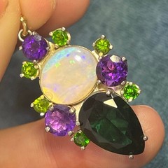 Jelly Opal, Amethyst + Chrome Diopside Silver Pendant. 1.5″ + 6g *Video*