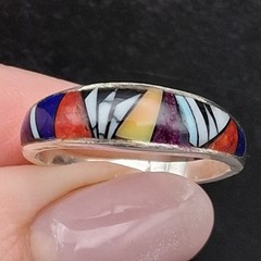 Zuni Style Inlay Band Ring Sterling Silver Size 8.5 Multi Stone Southwestern