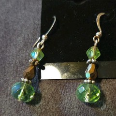 Handcrafted Green Brown Glass Beaded Dangle Earrings Silver Hook Closure