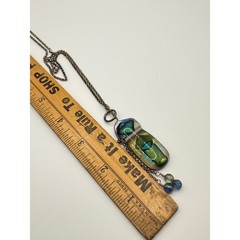 Artisan Dichroic Fused Glass Pendant Necklace Green Blue Iridescent Wire Wrapped
