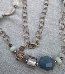 Long textured Link Barse faceted Blue Stones MOP 36” openwork scroll Necklace A9