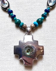 LOVELY Artisan Sterling Silver Malachite, Turquoise, Abalone Reversible Necklace