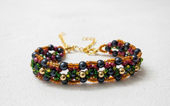 Handmade Beaded Bracelet Woven Cuff Gold Tone Adjustable Chain Gift for Her