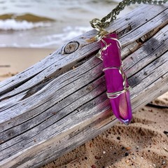 Hot Pink Aura Lemurian Quartz Pendant Wire Wrapped Silver Necklace Crystal Point