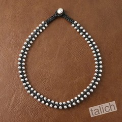 Double Row Sterling Silver Beads Hand Braided Black Wax Cord Choker Necklace