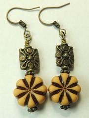 Chocolate Brown & Etched Beige Dangle Earrings & Fancy Design Bead Boho Chic