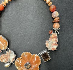 Amy Kahn Russell AKR Carved Orange Flower Gemstone Necklace Sterling Silver 925
