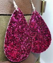 Chunky Fuchsia Glitter Very Sparkly Double Sided FAUX Leather Teardrop Earrings