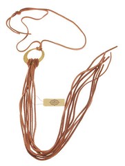 Tan Leather Tie necklace on Brass Circle Made in USA by Carolyn Carrara at Twigs