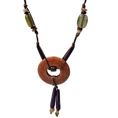 Handmade Boho Wooden Ring Necklace Purple Carved Beads Leather Cord Jewelry