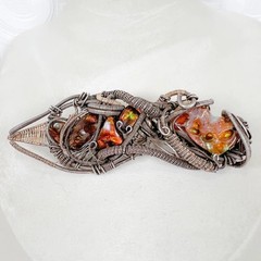 Fire Agate 14k Gold & Sterling Silver Pendant Necklace: Wire Wrapped, Brutalist