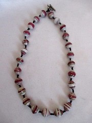 Recycled Paper Bead 17″ Necklace Wine White Mix Silver Tone Toggle Clasp