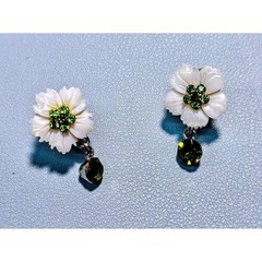 Silver Necklace Earrings Set Floral Green Y-Drop Crystal Leaf White Mother Pearl