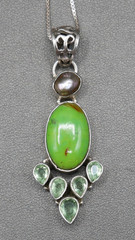 Artist Made Sterling Silver Mojave Turquoise Peridot and Pearl Pendant Necklace