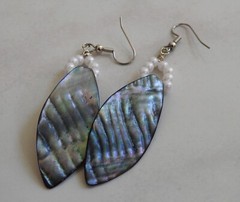 long MOTHER OF PEARL ABALONE pierced earrings w/faux pearls dangle
