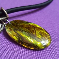 Hand Made Black Cord Choker Necklace w Beautiful Oval Green Gold & Brown Pendant