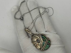 Abalone Paua Shell Pendant Necklace Wrapped Silver Tone Artisan Boho Statement