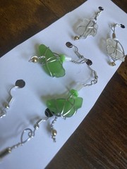 3 Pairs Womens Earrings Beaded White Blue Green Beach Glass Silver Dangle Lobe