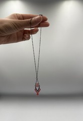 Artisan Red Crystal Beaded Pendant Necklace Gunmetal Wire Wrapped Chandelier