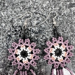 Handmade Mandala Seed Bead Dangle Earrings Purple Black White Peach Boho 2.75″