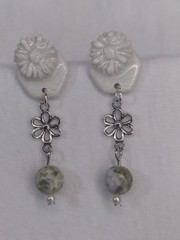 Handcrafted Polymer Clay Resin Silver Stud Dangle Pearl White Floral Earrings