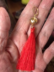 Red Silk Tassel Dangle Earrings W/GiftBox, Gold Accent Bead, Lever Back, 3” Drop