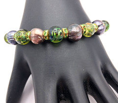 Black Baroque Pearls Green Handmade Lampwork Green Rhinestones Beaded Bracelet